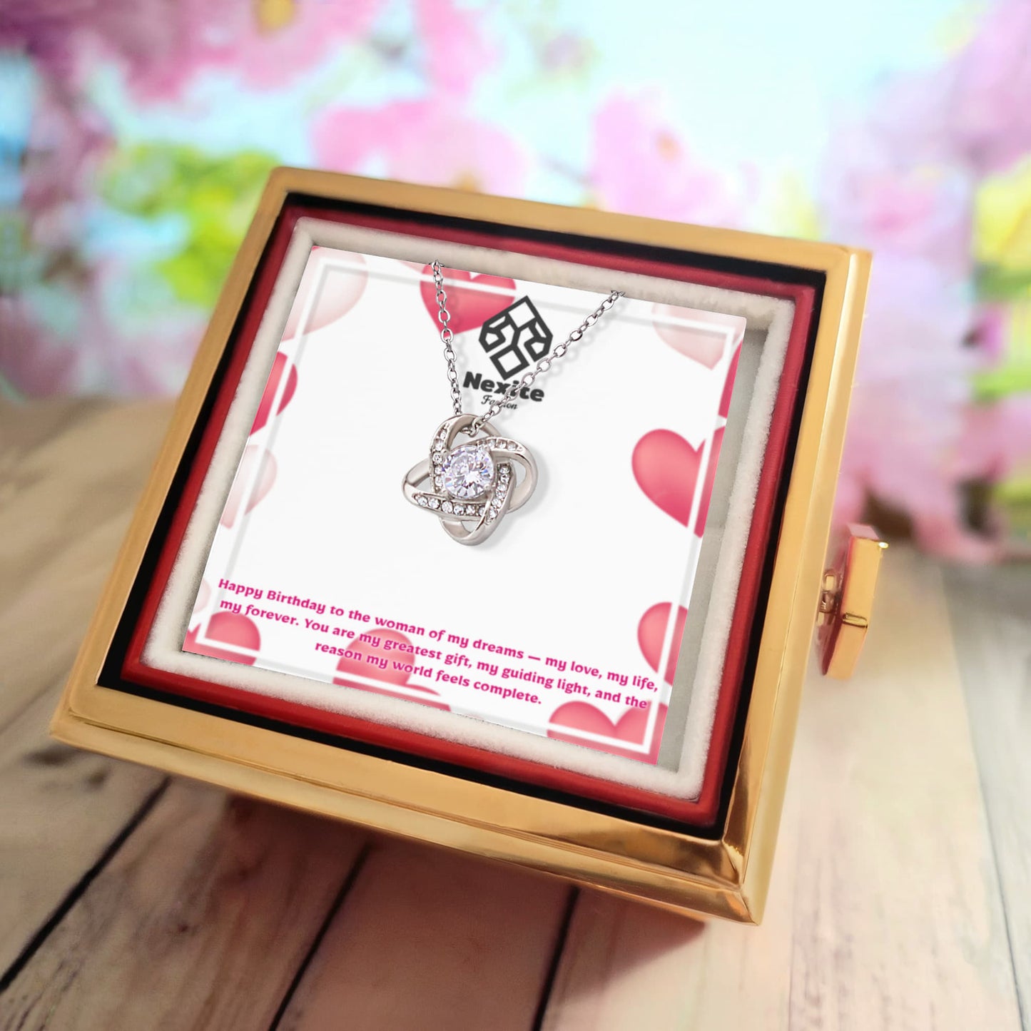 Nexite Love Knot Necklace with Rotating Rose Gift Box – A Symbol of Endless Love for Your Wife